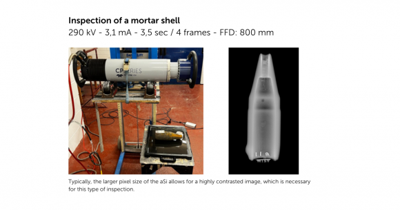 Inspection of a mortar shell with an aSi detector